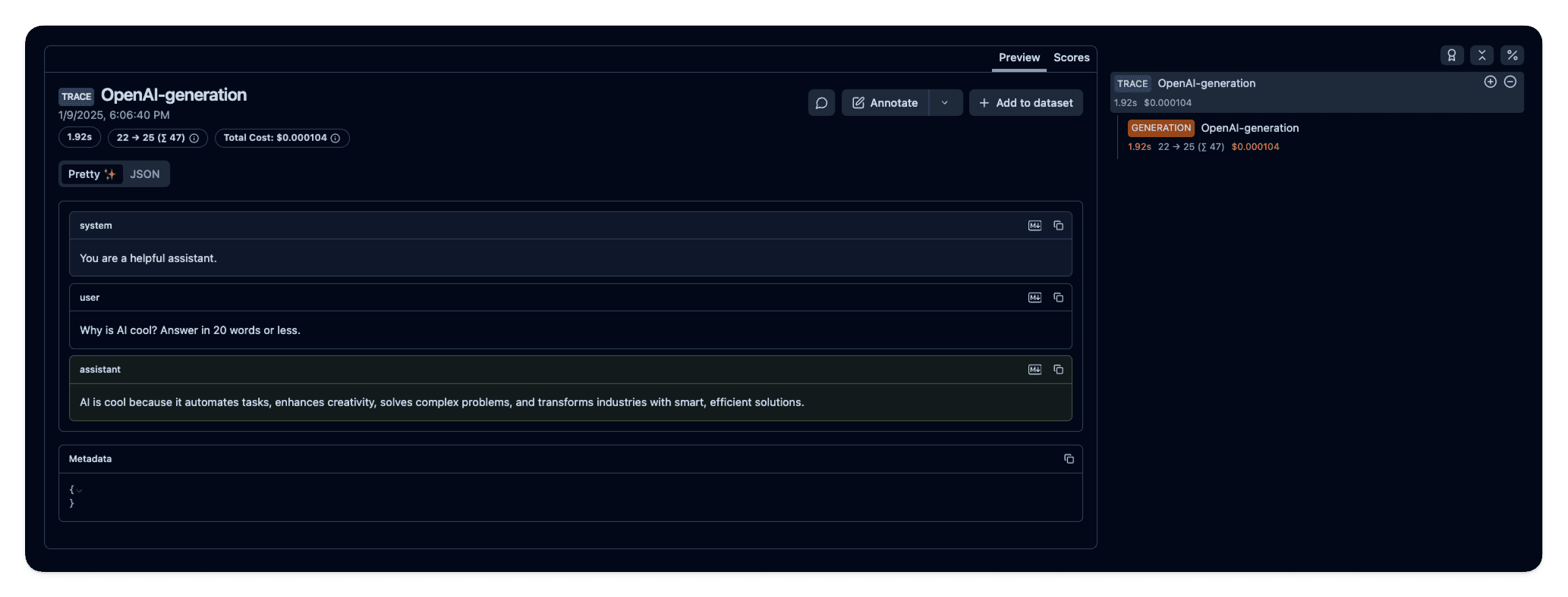 Example trace in Langfuse